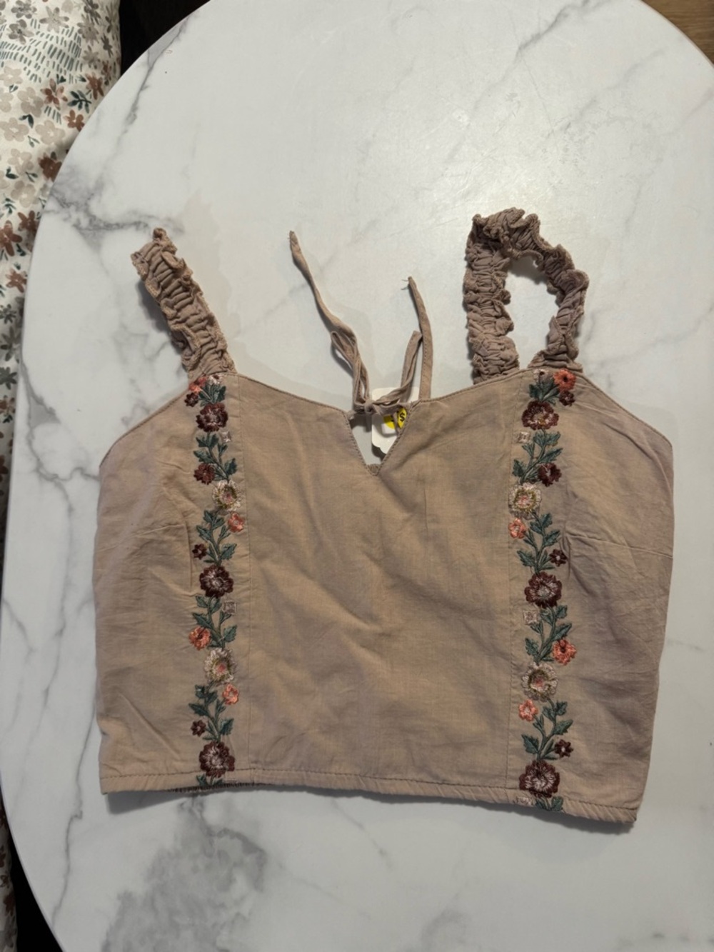 Floral Embroidered Taupe Crop Top with Ruffled Straps